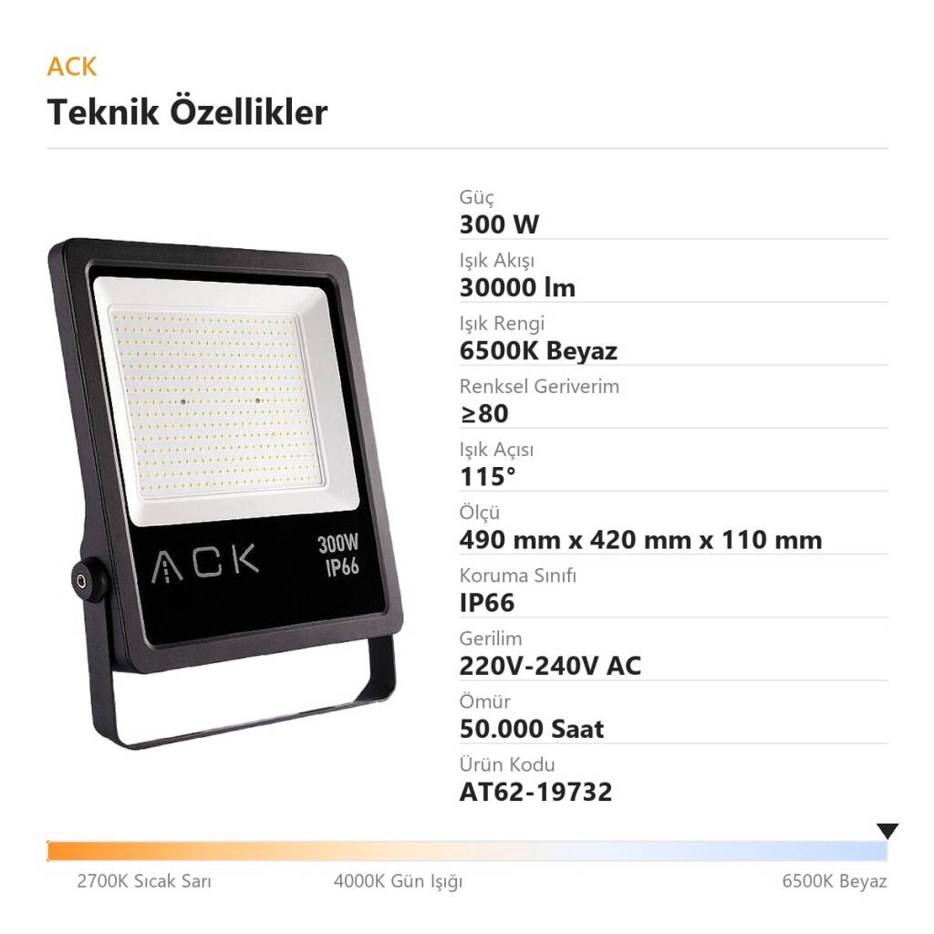 ACK 300W 6500K Beyaz LED Projektör AT62-19732 - 4