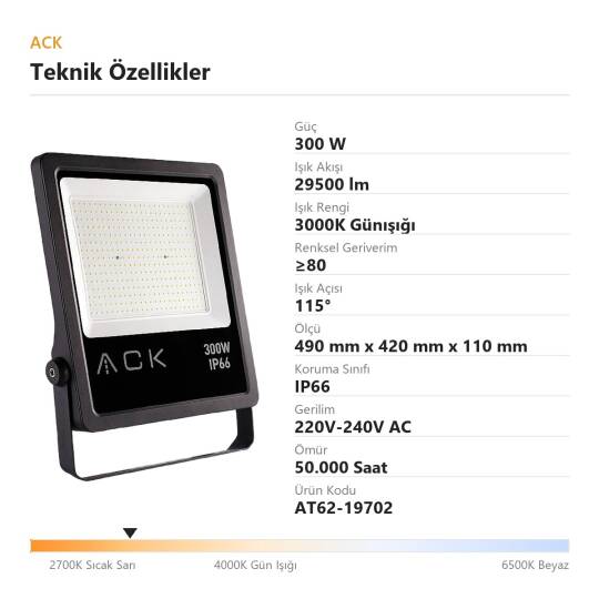 ACK 300W 3000K Günışığı LED Projektör AT62-19702 - 4