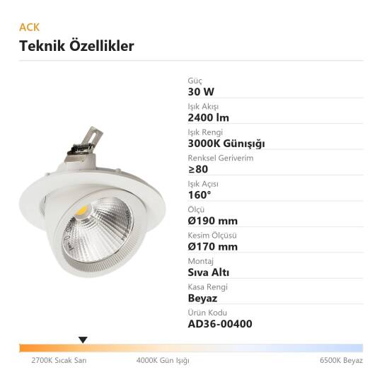 ACK 30W 3000K Günışığı 2400lm Sıva Altı Led Salyangoz Spot Armatür (Ø190 mm Beyaz Kasa) AD36-00400 - 4