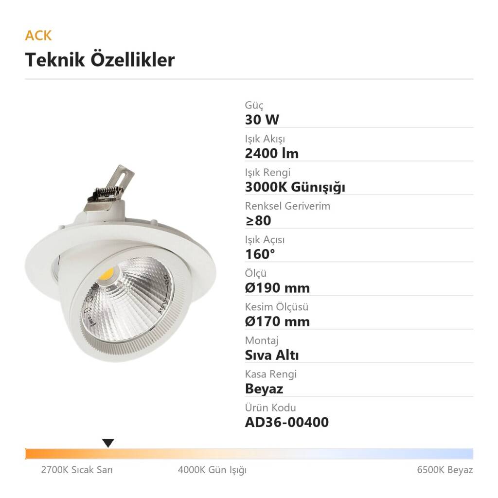 ACK 30W 3000K Günışığı 2400lm Sıva Altı Led Salyangoz Spot Armatür (Ø190 mm Beyaz Kasa) AD36-00400 - 4