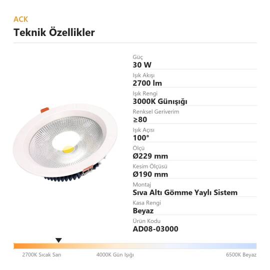 ACK 30W 3000K Günışığı 2700lm COB Led Downlight Sıva Altı Spot (Ø229 mm Beyaz Kasa) AD08-03000 - 4
