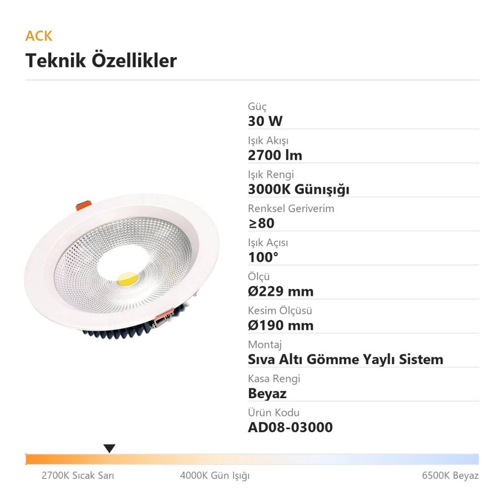 ACK 30W 3000K Günışığı 2700lm COB Led Downlight Sıva Altı Spot (Ø229 mm Beyaz Kasa) AD08-03000 - 4
