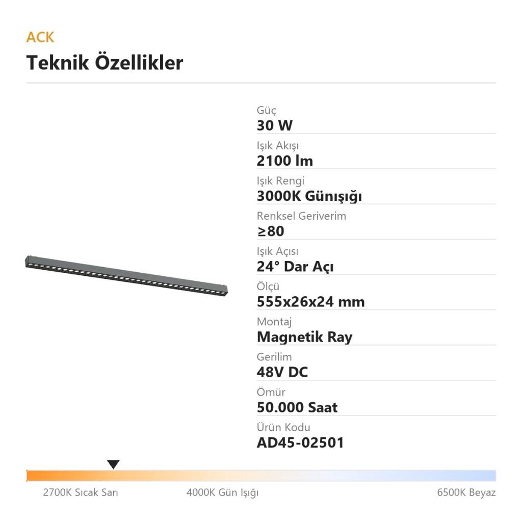 ACK 30W 3000K Günışığı 48V Magnetik Ray Armatürü Çoklu Dot (Izgara) Siyah Kasa AD45-02501 - 4