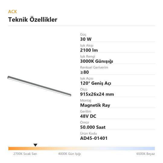ACK 30W 3000K Günışığı 48V Magnetik Ray Armatürü Düz (Lineer) Siyah Kasa AD45-01401 - 4