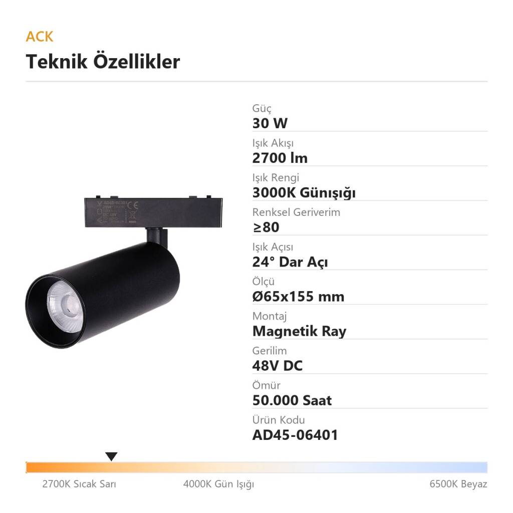 ACK 30W 3000K Günışığı 48V Magnetik Ray Armatürü Yönlendirilebilir Silindir Spot Siyah Kasa AD45-06401 - 4