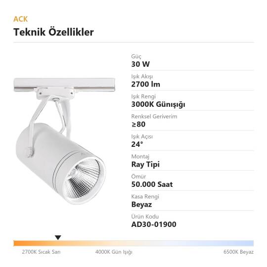 ACK 30W 3000K Günışığı LED Ray Armatürü Spot Lamba (Beyaz Kasa) AD30-01900 - 4