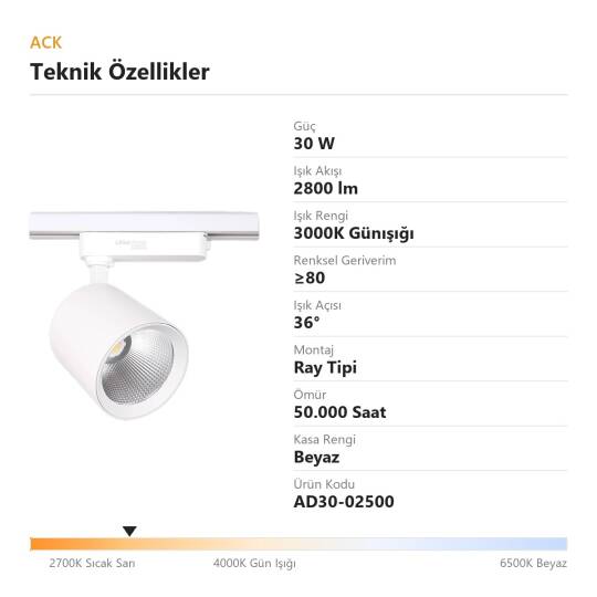 ACK 30W 3000K Günışığı LED Ray Armatürü Spot Lamba (Beyaz Kasa) AD30-02500 - 4