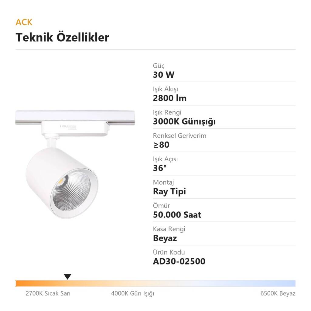 ACK 30W 3000K Günışığı LED Ray Armatürü Spot Lamba (Beyaz Kasa) AD30-02500 - 4