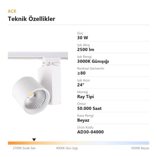ACK 30W 3000K Günışığı LED Ray Armatürü Spot Lamba (Beyaz Kasa) AD30-04000 - 4