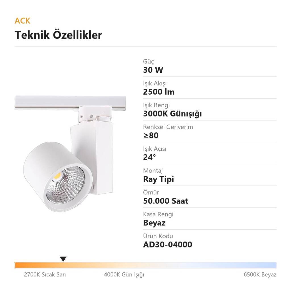 ACK 30W 3000K Günışığı LED Ray Armatürü Spot Lamba (Beyaz Kasa) AD30-04000 - 4