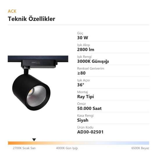 ACK 30W 3000K Günışığı LED Ray Armatürü Spot Lamba (Siyah Kasa) AD30-02501 - 4