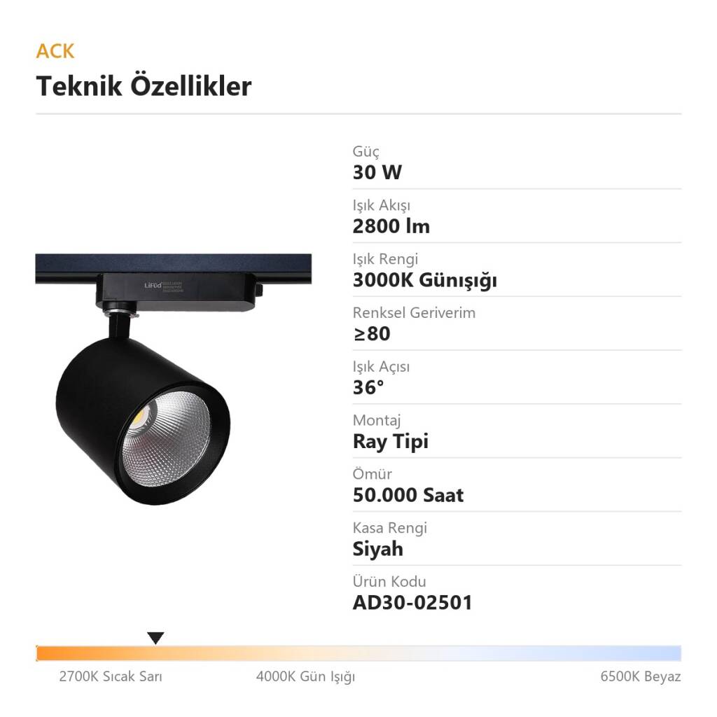 ACK 30W 3000K Günışığı LED Ray Armatürü Spot Lamba (Siyah Kasa) AD30-02501 - 4