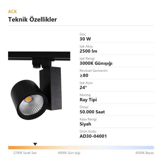 ACK 30W 3000K Günışığı LED Ray Armatürü Spot Lamba (Siyah Kasa) AD30-04001 - 4