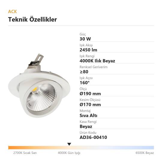ACK 30W 4000K Ilık Beyaz 2450lm Sıva Altı Led Salyangoz Spot Armatür (Ø190 mm Beyaz Kasa) AD36-00410 - 4