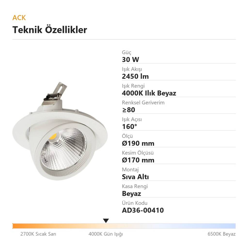 ACK 30W 4000K Ilık Beyaz 2450lm Sıva Altı Led Salyangoz Spot Armatür (Ø190 mm Beyaz Kasa) AD36-00410 - 4