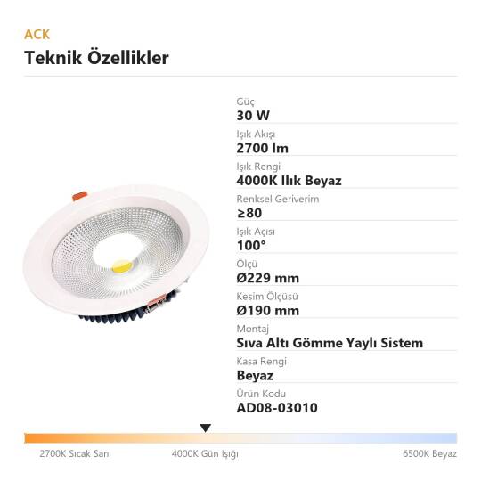 ACK 30W 4000K Ilık Beyaz 2700lm COB Led Downlight Sıva Altı Spot (Ø229 mm Beyaz Kasa) AD08-03010 - 4