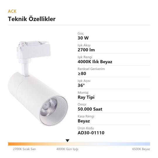 ACK 30W 4000K Ilık Beyaz LED Ray Armatürü Spot Lamba (Beyaz Kasa) AD30-01110 - 4