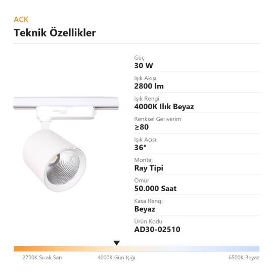 ACK 30W 4000K Ilık Beyaz LED Ray Armatürü Spot Lamba (Beyaz Kasa) AD30-02510 - 4