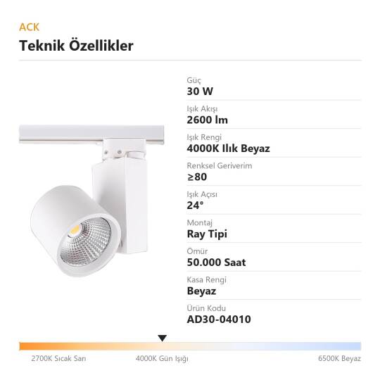 ACK 30W 4000K Ilık Beyaz LED Ray Armatürü Spot Lamba (Beyaz Kasa) AD30-04010 - 4