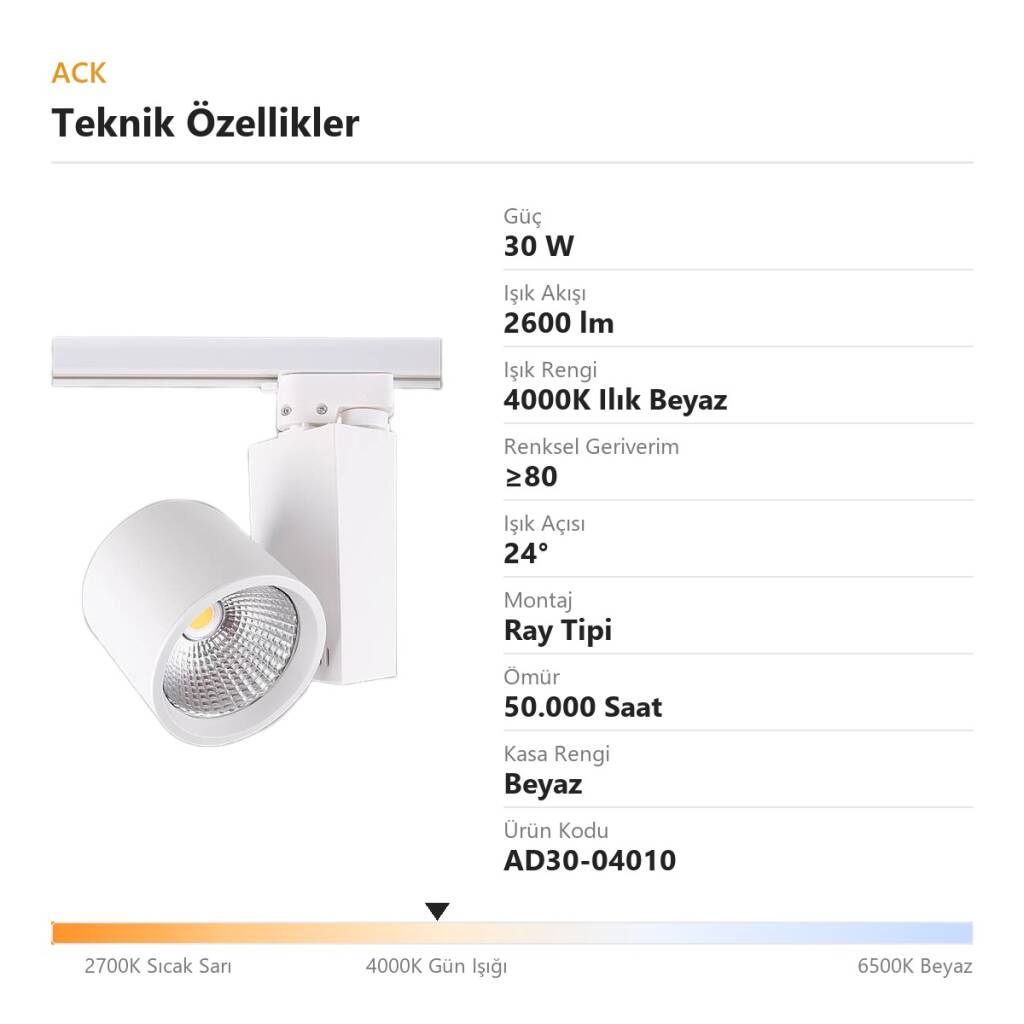 ACK 30W 4000K Ilık Beyaz LED Ray Armatürü Spot Lamba (Beyaz Kasa) AD30-04010 - 4