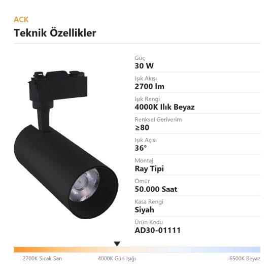 ACK 30W 4000K Ilık Beyaz LED Ray Armatürü Spot Lamba (Siyah Kasa) AD30-01111 - 4