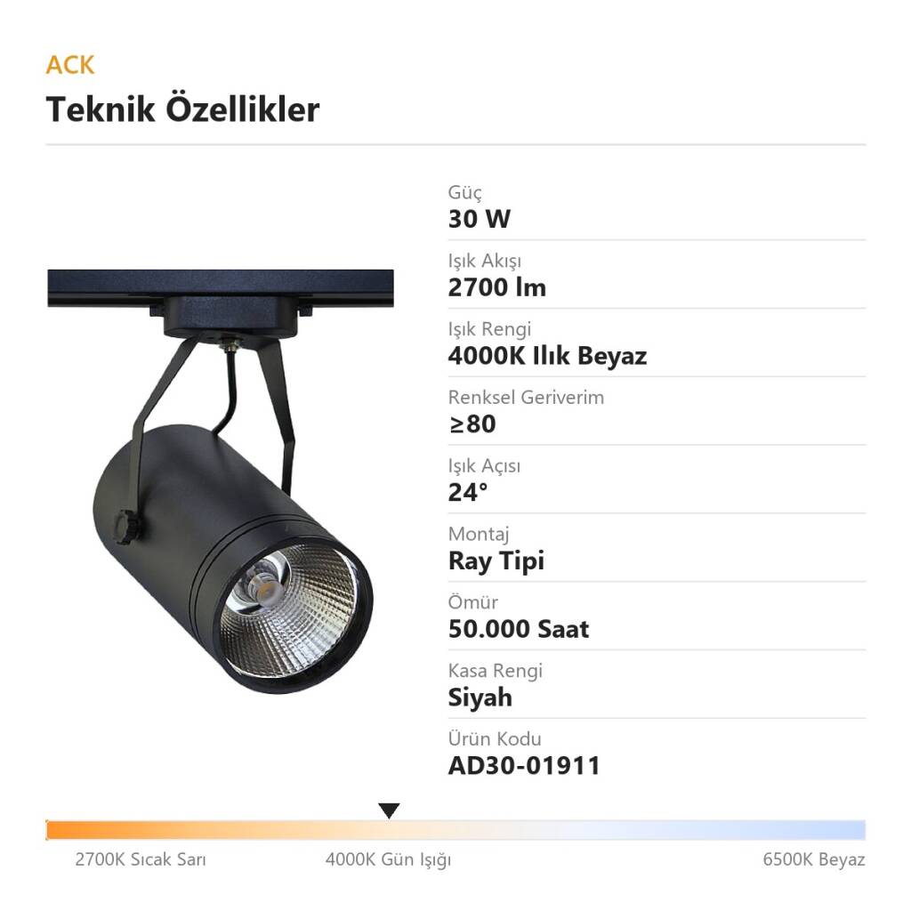 ACK 30W 4000K Ilık Beyaz LED Ray Armatürü Spot Lamba (Siyah Kasa) AD30-01911 - 4