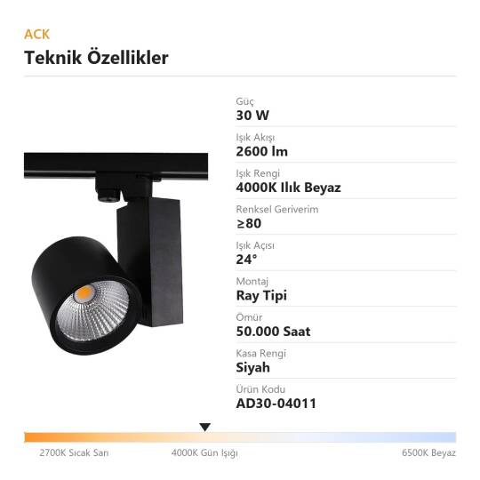 ACK 30W 4000K Ilık Beyaz LED Ray Armatürü Spot Lamba (Siyah Kasa) AD30-04011 - 4