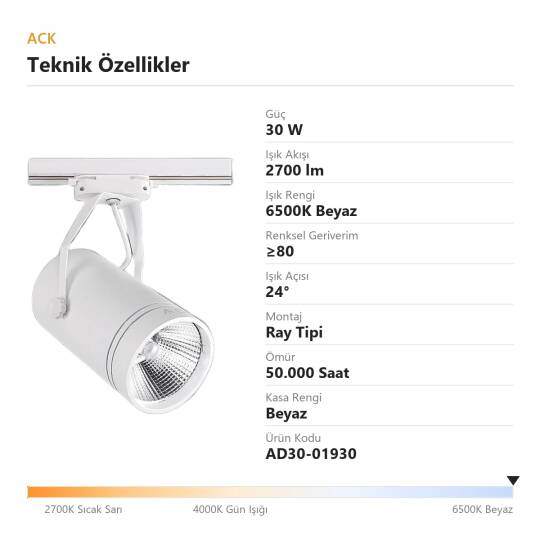 ACK 30W 6500K Beyaz LED Ray Armatürü Spot Lamba (Beyaz Kasa) AD30-01930 - 4