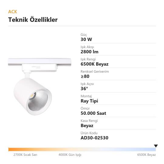 ACK 30W 6500K Beyaz LED Ray Armatürü Spot Lamba (Beyaz Kasa) AD30-02530 - 4