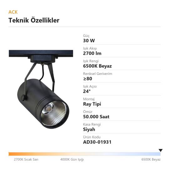 ACK 30W 6500K Beyaz LED Ray Armatürü Spot Lamba (Siyah Kasa) AD30-01931 - 4