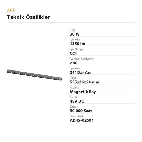 ACK 30W CCT (3 Renk) 48V Magnetik Ray Armatürü Çoklu Dot (Izgara) Siyah Kasa AD45-02591 - 4