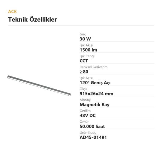 ACK 30W CCT (3 Renk) 48V Magnetik Ray Armatürü Düz (Lineer) Siyah Kasa AD45-01491 - 4