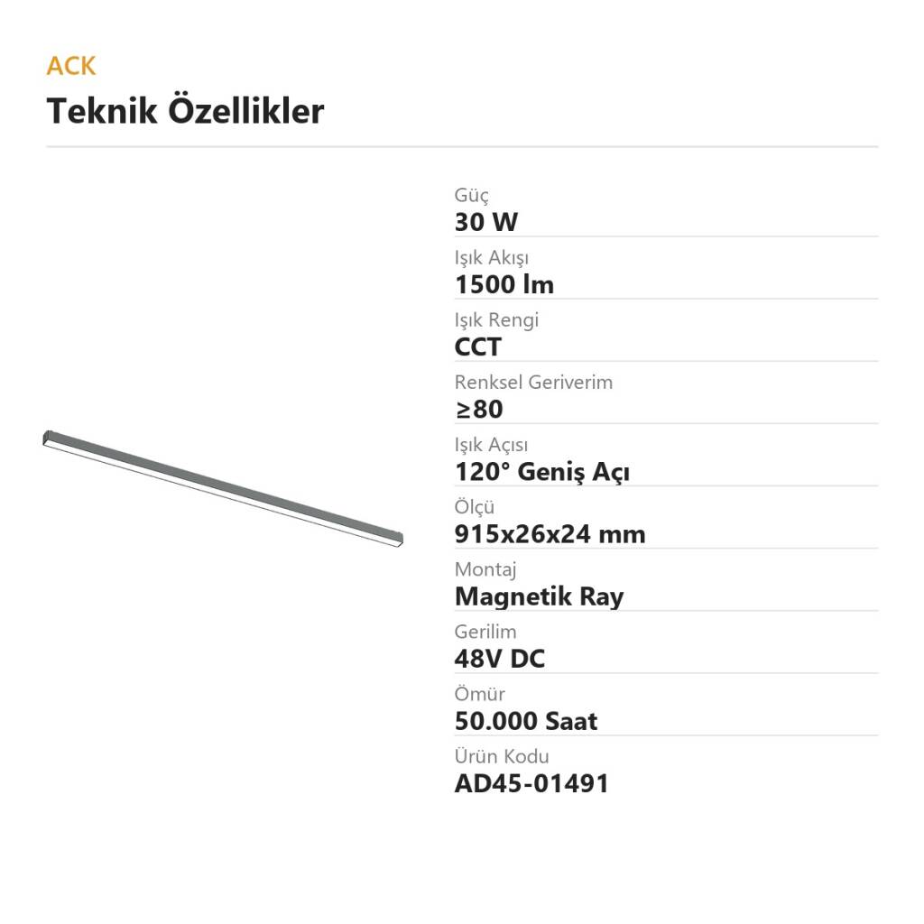ACK 30W CCT (3 Renk) 48V Magnetik Ray Armatürü Düz (Lineer) Siyah Kasa AD45-01491 - 4
