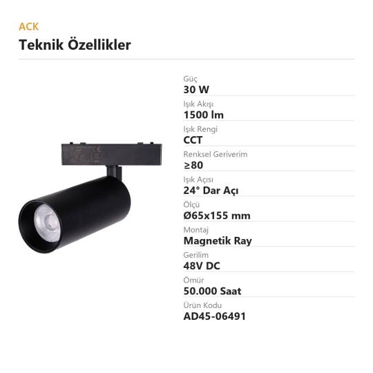 ACK 30W CCT (3 Renk) 48V Magnetik Ray Armatürü Yönlendirilebilir Silindir Spot Siyah Kasa AD45-06491 - 4
