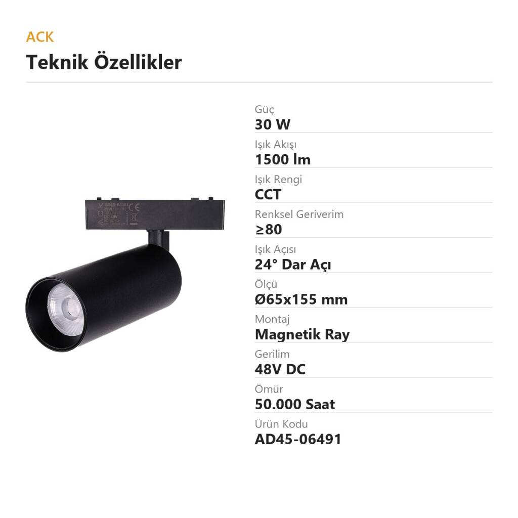 ACK 30W CCT (3 Renk) 48V Magnetik Ray Armatürü Yönlendirilebilir Silindir Spot Siyah Kasa AD45-06491 - 4