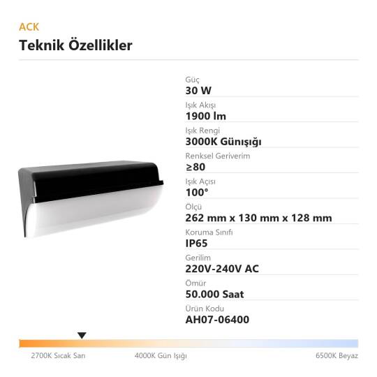 ACK 30W 3000K Günışığı 1900lm LED Duvar/Tavan Armatürü (Siyah) AH07-06400 - 4