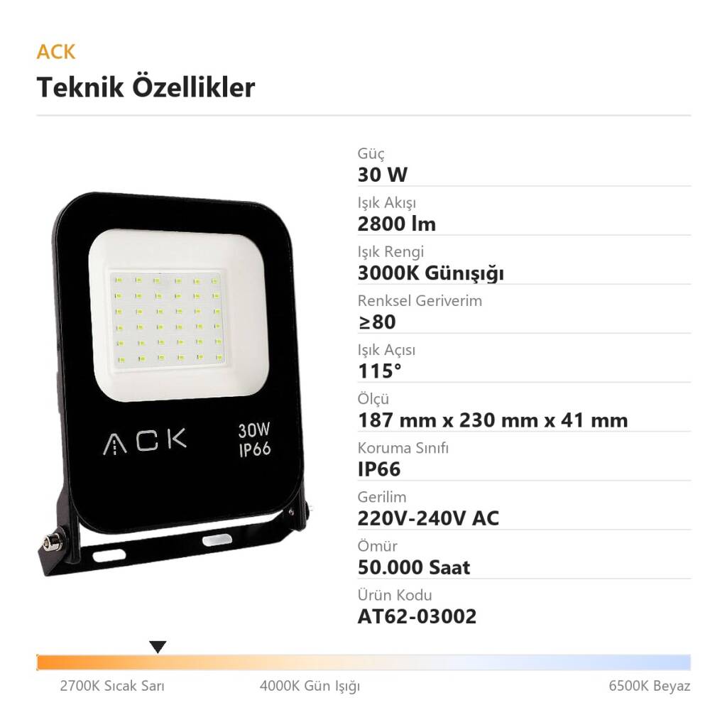 ACK 30W 3000K Günışığı LED Projektör AT62-03002 - 4