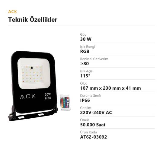 ACK 30W RGB Renkli RGB (Çok Renkli) LED Projektör AT62-03092 - 4