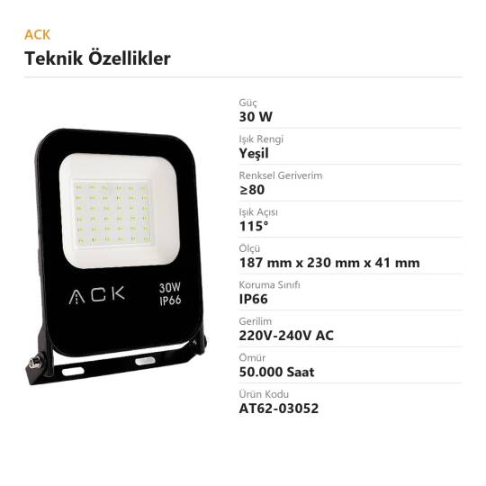 ACK 30W Yeşil LED Projektör AT62-03052 - 4