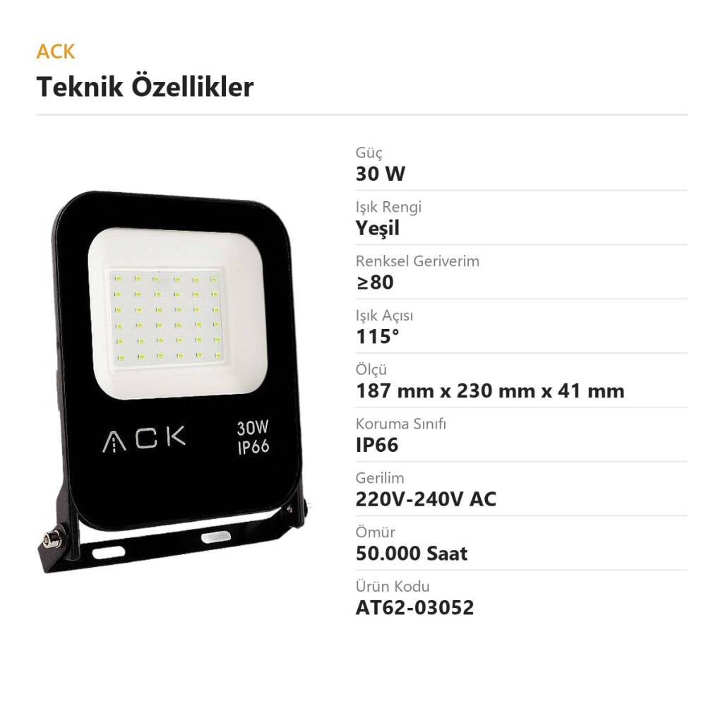 ACK 30W Yeşil LED Projektör AT62-03052 - 4