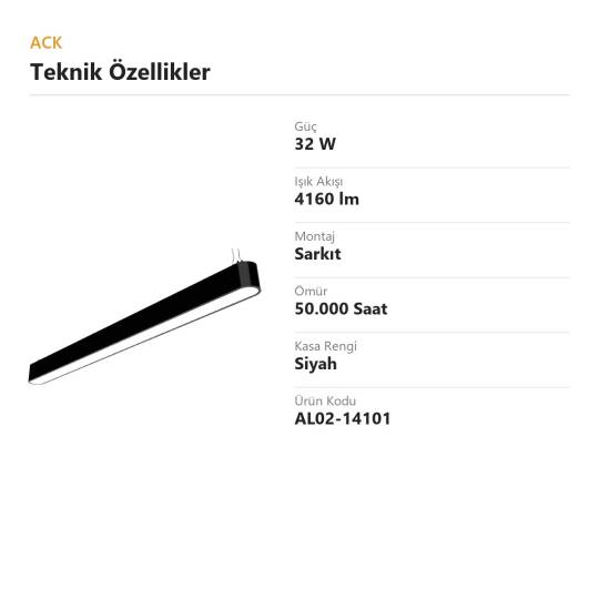ACK 32W Geniş Çaplı Dekoratif Linear Sarkıt Armatür 100 cm Düz Çubuk Siyah Kasa AL02-14101 - 4