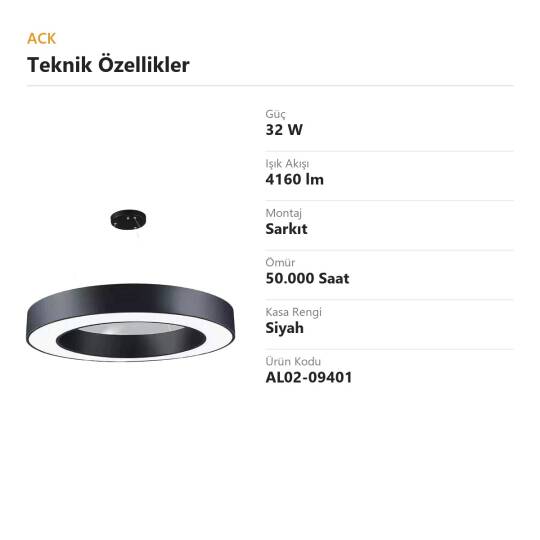 ACK 32W Geniş Çaplı Dekoratif Linear Sarkıt Armatür Ø40 cm Yuvarlak Halka Siyah Kasa AL02-09401 - 4