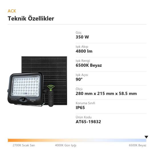 ACK 350W 6500K Beyaz Sensörlü Solar LED Projektör (Siyah) AT65-19832 - 4