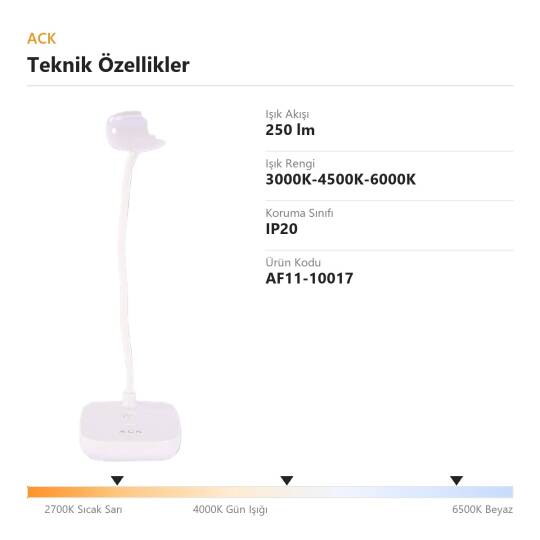 ACK 360° Döner Esnek Boyunlu LED Dokunmatik Masa Lambası (250lm) AF11-10017 - 4