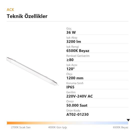 ACK 36W 1200mm 6500K Beyaz LED Bant Etanj Armatürü AT02-01230 - 4