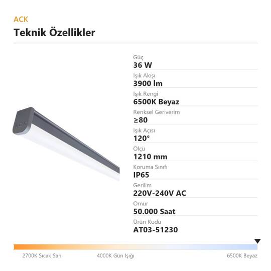 ACK 36W 1210mm 6500K Beyaz LED Bant Etanj Armatürü (Sensörlü) AT03-51230 - 4
