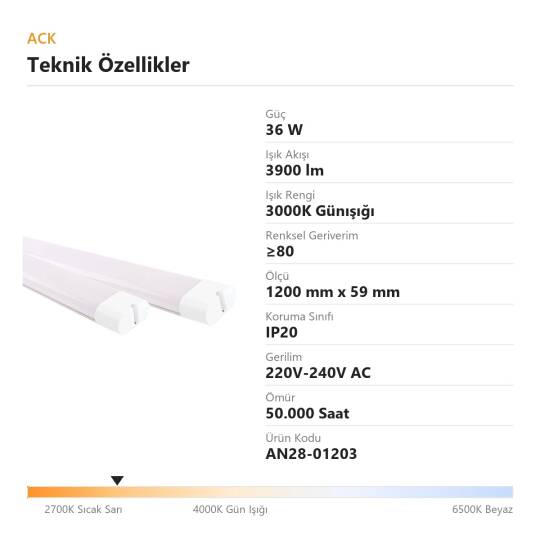 ACK 36W 3000K Günışığı 3900lm Uranüs LED Bant Armatür AN28-01203 - 4