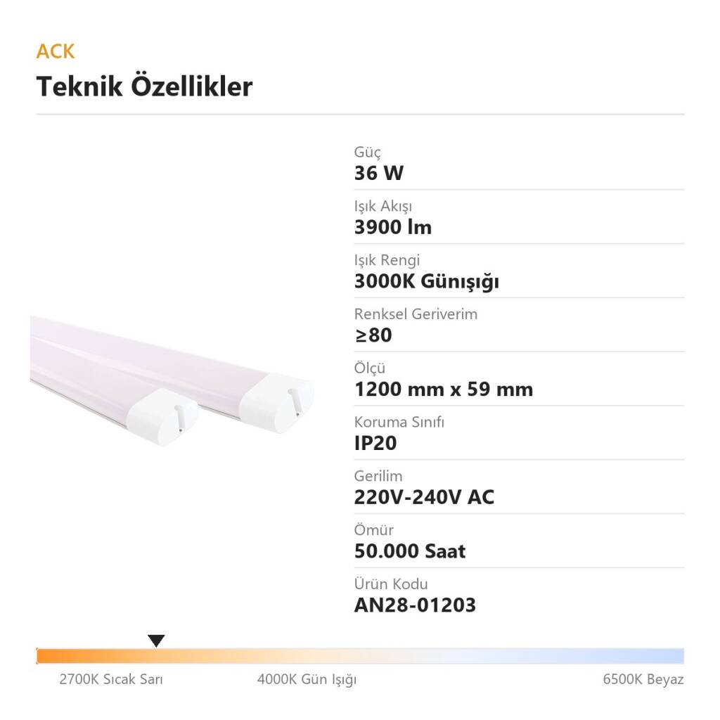 ACK 36W 3000K Günışığı 3900lm Uranüs LED Bant Armatür AN28-01203 - 4