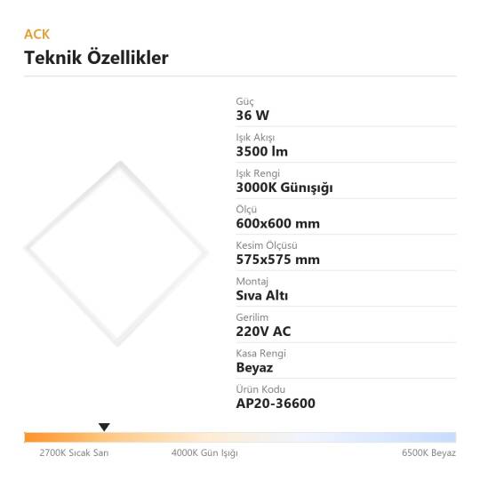 ACK 36W 3000K Günışığı Sıva Altı Led Panel (600x600 Beyaz Kasa) AP20-36600 - 4