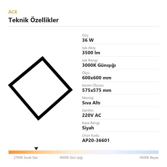 ACK 36W 3000K Günışığı Sıva Altı Led Panel (600x600 Siyah Kasa) AP20-36601 - 4